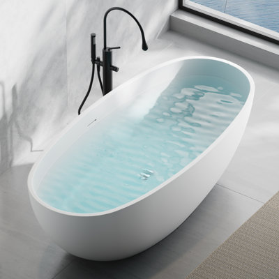65" x 30" Matte White Freestanding Soaking Solid Surface Stone Resin Bathtub with Integrated Overflow and Pop-up 303-1655