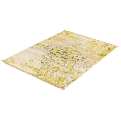 Tapis unique en viscose noué à la main style Oushak des années 2010 de 4 pi 6 po x 7 pi 3 po vert / ivoire Quincy
