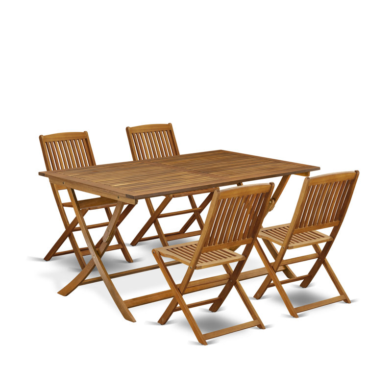 5 Piece Patio Bistro Dining Furniture Set Includes a Rectangle Outdoor Acacia Wood Table and 4 Folding Side Chairs, Natural Oil