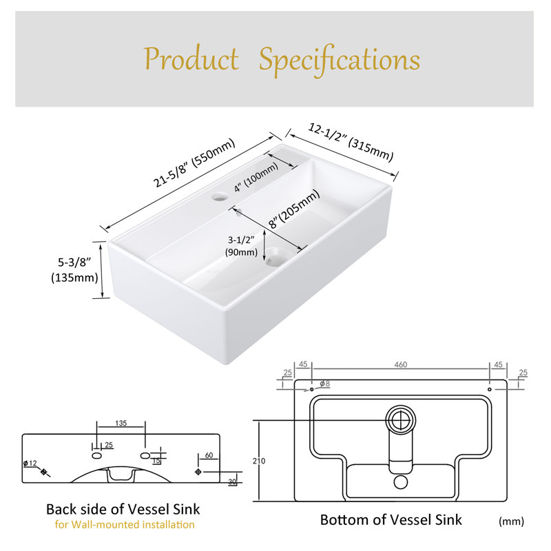 MEJE 12.5'' White Ceramic Rectangular Bathroom Sink with Overflow