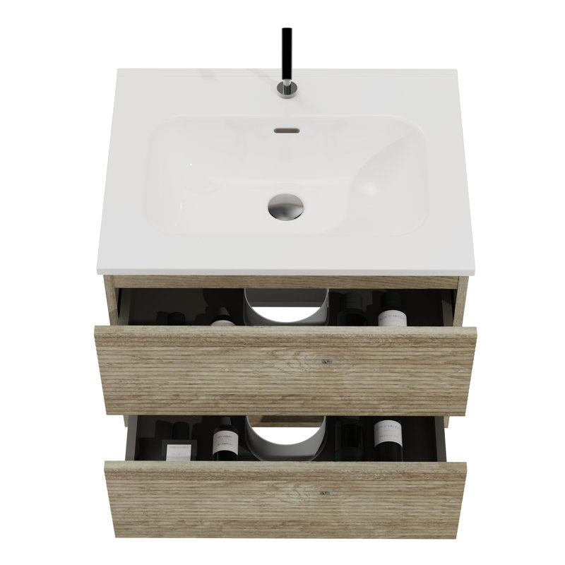 Meuble-lavabo mural de 61 cm (24 po) en chêne brut avec lavabo en céramique intégrée, grand espace de rangement suspendu pour salle de bain moderne, glissières à fermeture douce et silencieuse, 20 % d'espace de rangement supplémentaire, design élégant des poignées, panneaux E1 en plus
