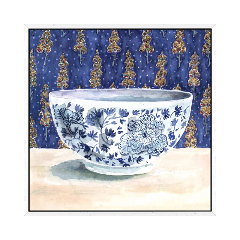 Blue China With Floral Wallpaper by Miri Eshet - Painting on Canvas, 45.72 cm H x 45.72 cm W, White Framed