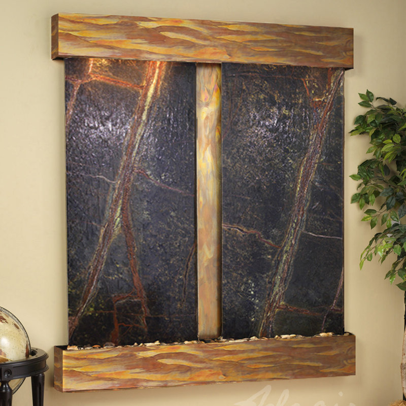 Cottonwood Falls Waterfall Fountain with Light, Rustic Copper, Square, Rainforest Green Marble