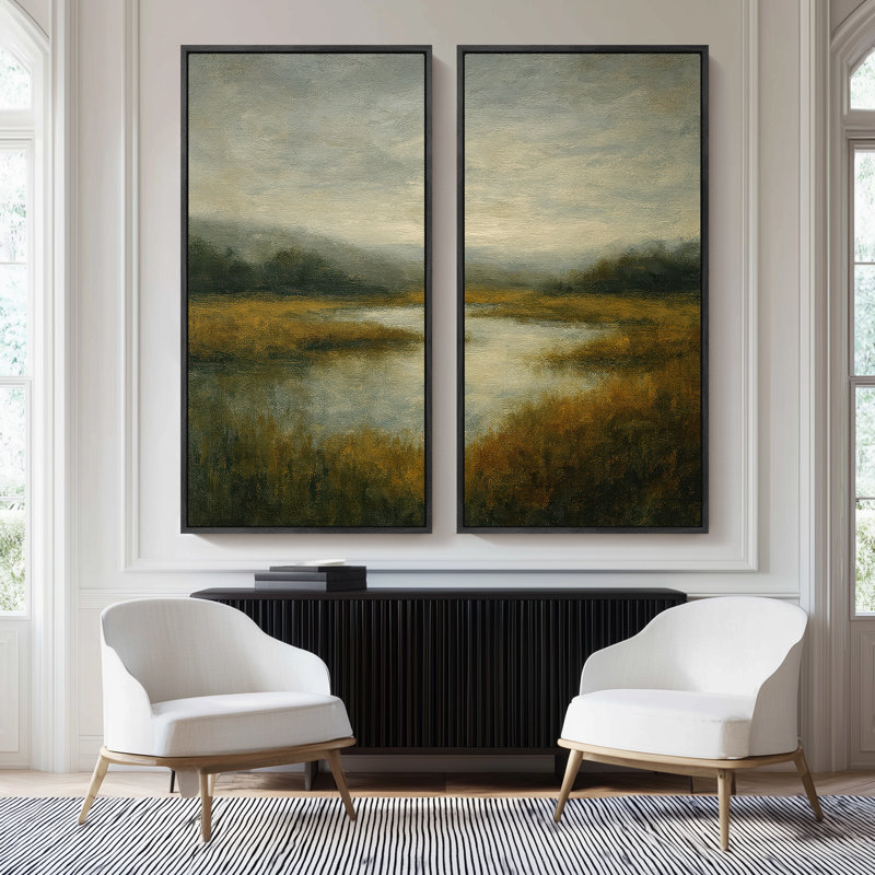 «Green Marsh Landscape with Reflections», ensemble de 2 reproductions d'art murales encadrées sur toile 60 po x 20 po x 2 pièces, 60 po x 30 po x 2 pièces