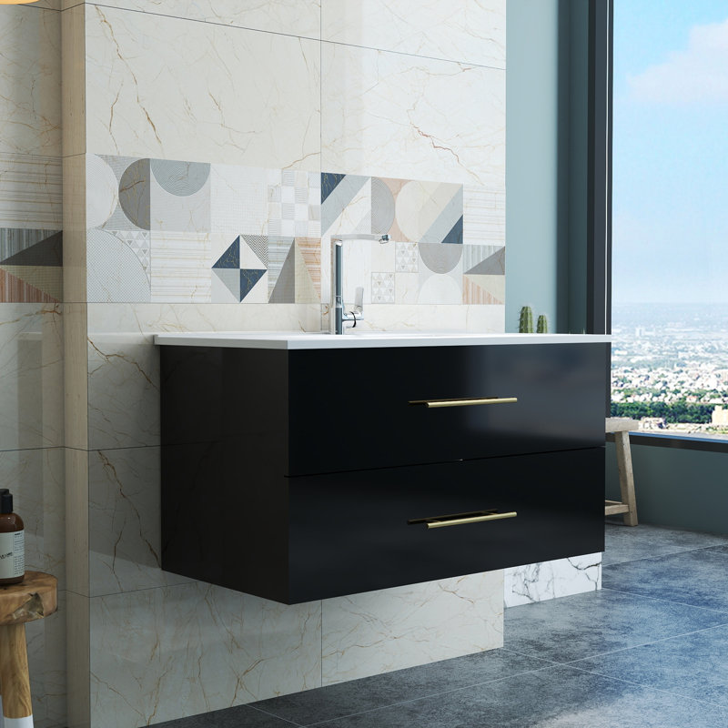 Ensemble de meuble-lavabo mural avec lavabo, Noir, 39"