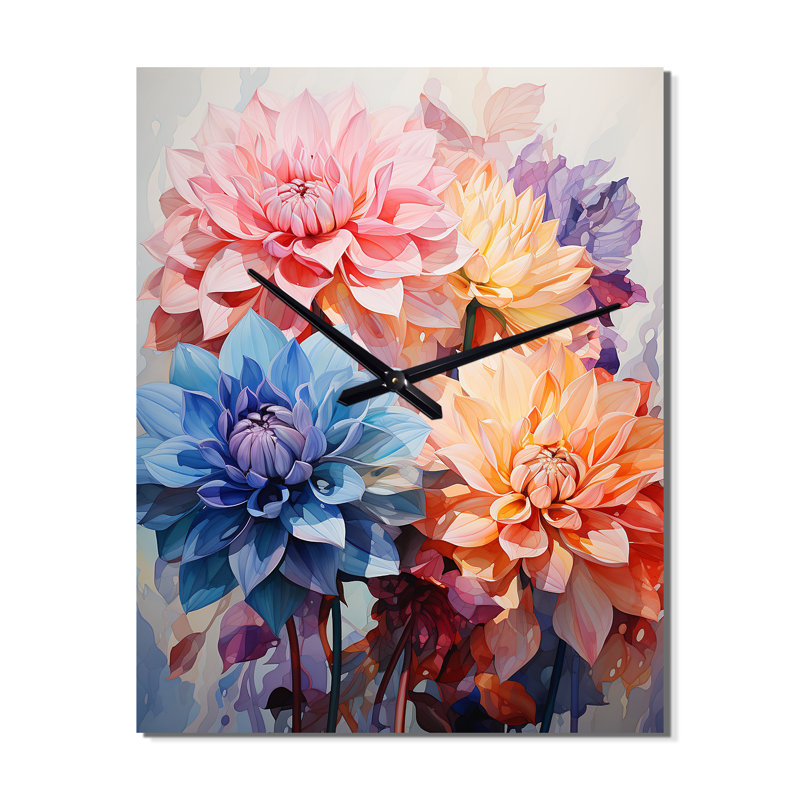 Dahlia Representation Multicoloured Acrylic I - Floral Wall Clock, 32" H x 24" W x 1" D