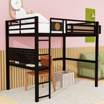 Metal Loft Bed with Side Clock and Storage Basket
