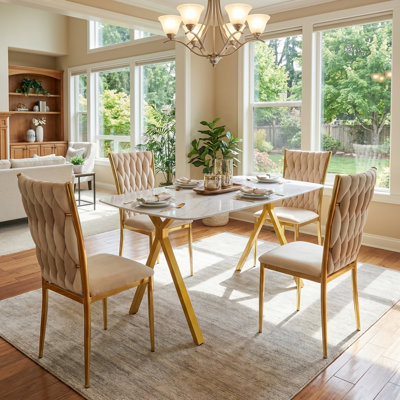 Ensemble de table de salle à manger 51 pouces en verre pour 4 personnes, ensemble de salle à manger moderne en verre trempé avec chaises ergonomiques en velours, ensemble de salle à manger 5 pièces pour salle à manger