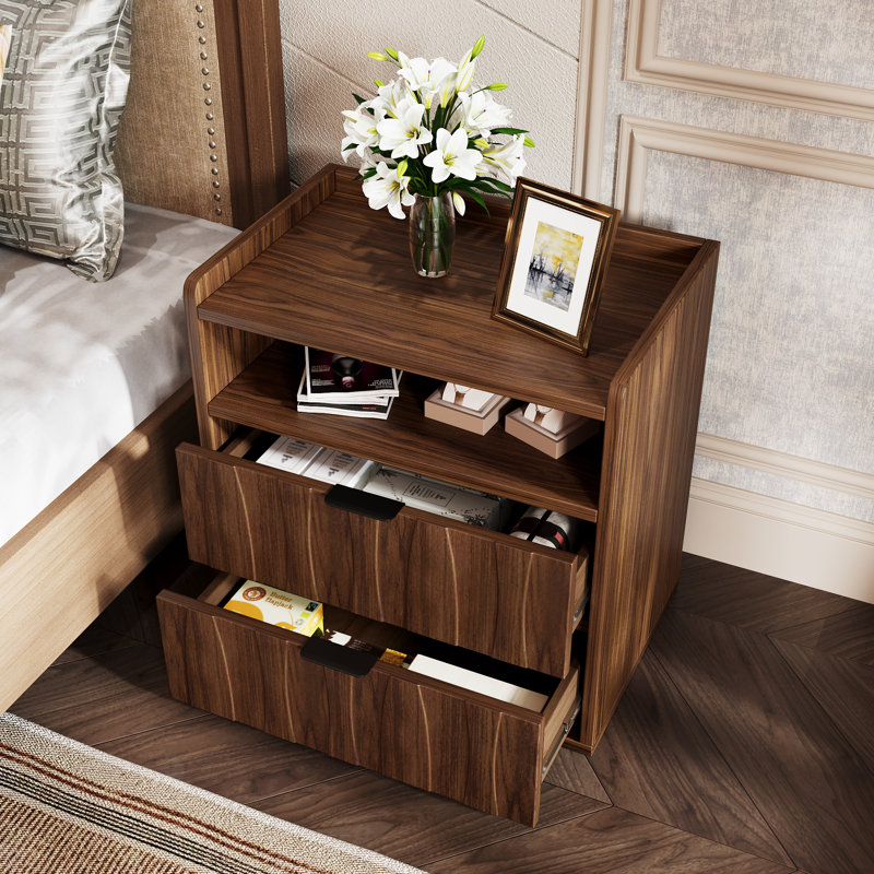 2-Drawer Walnut Tone Nightstand With Storage Mid Century Bedside Table