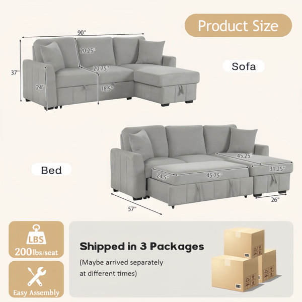 Latitude Run® 95" Convertible Sectional Sleeper Sofa With Storage ...