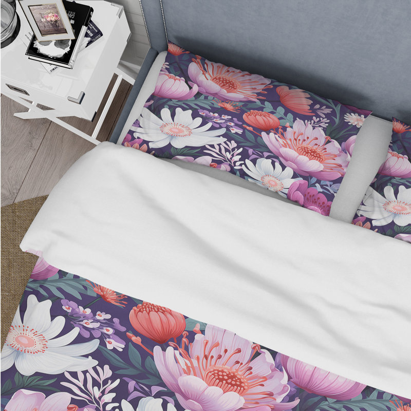 Literie violette à motif floral I, Housse de couette simple + 1 taie décorative stan