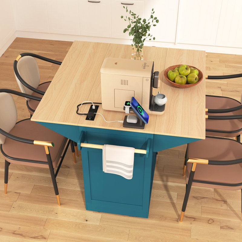Spacious Multifunctional Kitchen Island with Folding Table, Storage, and Charging Station on Wheels for Modern Kitchens