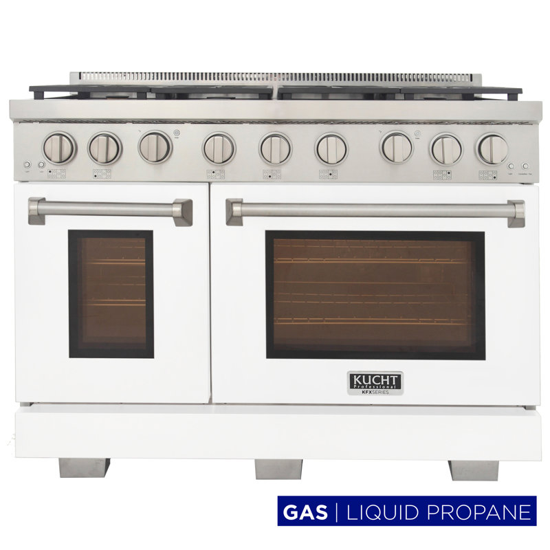 48 in. 6.7 cu. ft. Natural Gas Range Two Ovens in Olive Green with True Simmer Burners, Liquid Propane, White