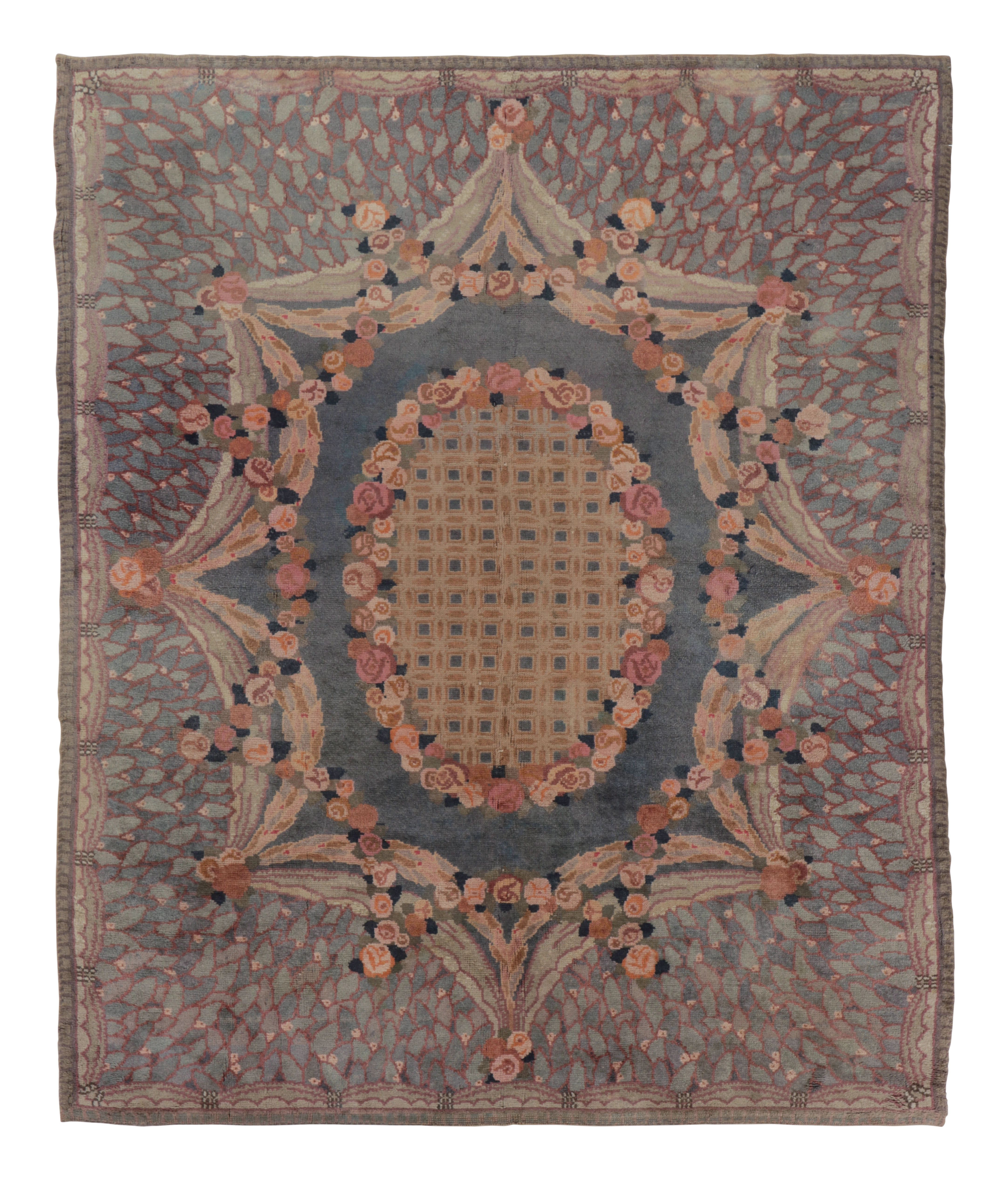 Savonnerie Style Rug Rug & Kilim Antique French Savonnerie Rug, Rose Medallion In Sky Blue ...