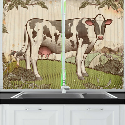 2 Piece Farm Animal Pastel Engraved Style Graphic of Dairy Cattle in Farmland Kitchen Curtain Set -  East Urban Home, DB7EF39E95EA4BA3864D24FDE1B895DF