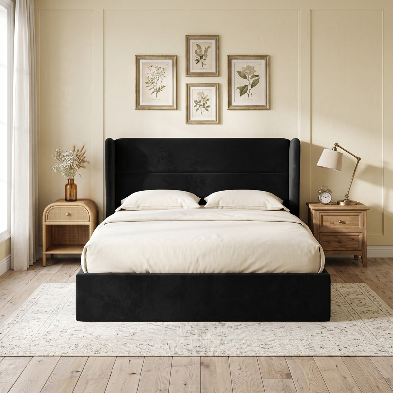 Lit plateforme tapissier avec rangement Gaillarde, Grand, Noir