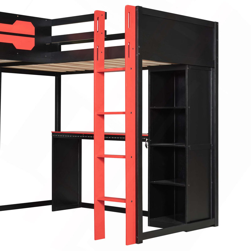 Cadre de lit de jeu simple en L en forme de L avec lumières DEL RVB, ports USB, meuble télé et tablettes de rangement, disposition réversible pour les adolescents et les adultes
