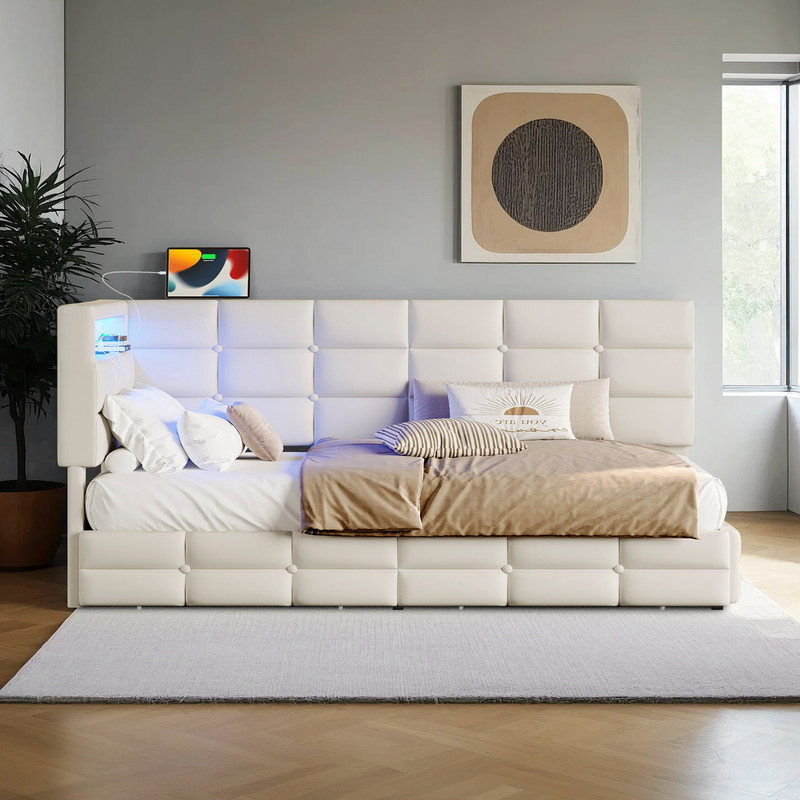 Lit de jour simple moderne avec lumières DEL, ports USB, 2 tiroirs de rangement de type C, Beige