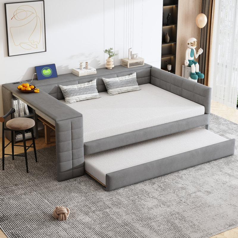 Upholstered Daybed With Charging Station And Trundle, Gray