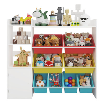 Engineered Wood Kids Toy Storage Organizer with Built-In Bookshelf & 8 Detachable Removable Storage Bins, Multi-Cubby Playroom Furniture for Toys, Boo