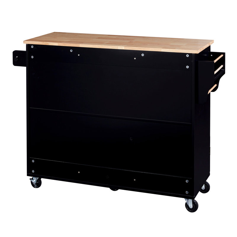 Rolling Kitchen Island With Storage, Kitchen Cart With Rubber Wood Top, 3 Drawer, 2 Slide-Out Shelf And Internal Storage Rack, Kitchen Island On Wheels With Spice Rack & Tower Rack