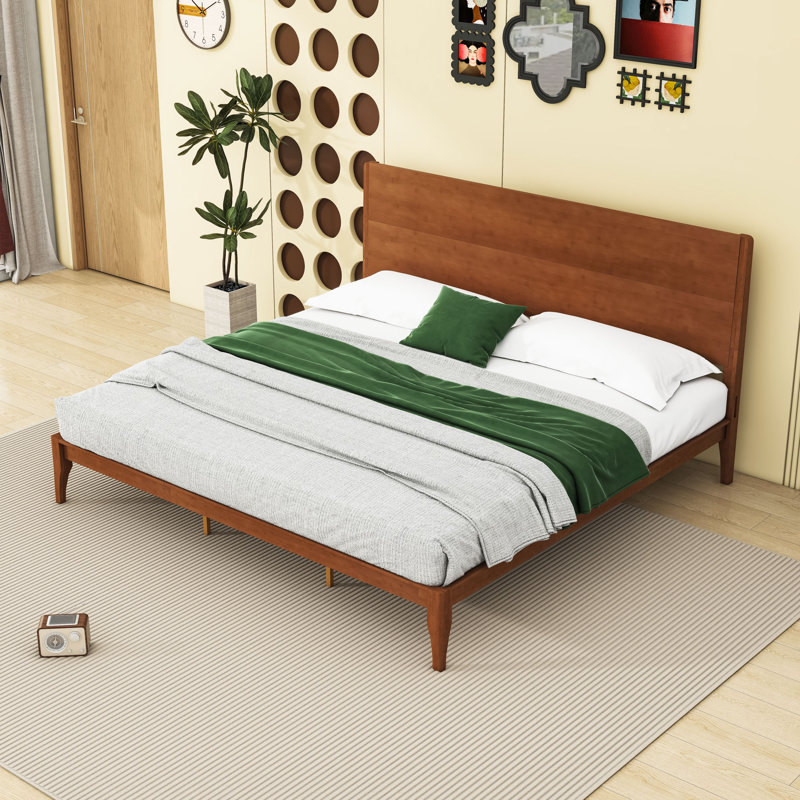 Lit plateforme en bois avec tête de lit et lattes, King, Brown