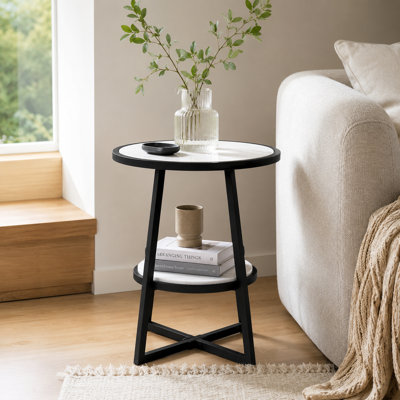 Table de bout décorative | Table d'appoint à plateau en marbre blanc | Cadre en métal noir | P 20 po x l 20 po x H 24 po