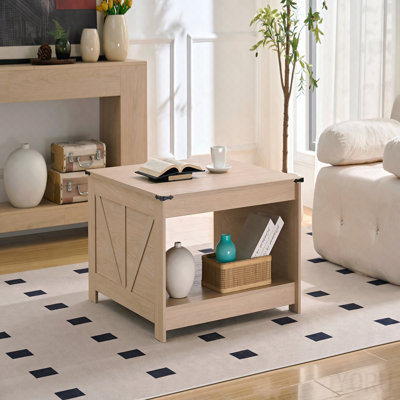 Coffee Table Farmhouse Coffee Table With Storage Rustic Wood Cocktail Table, Square Coffee Table For Living Meeting Room With Half Open Storage Compar