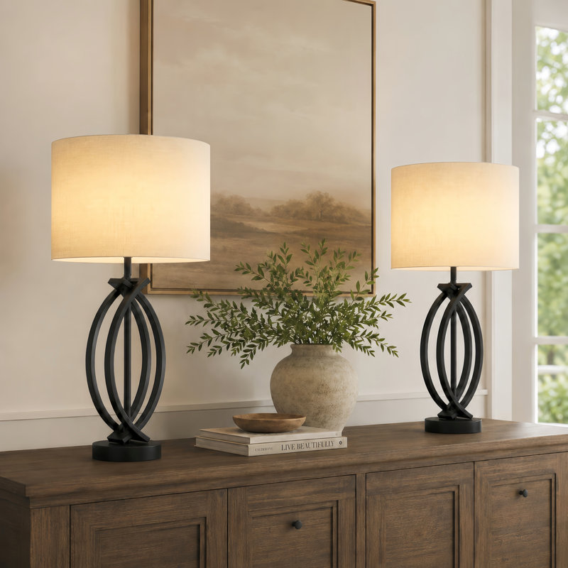 Burholme 26" Black Metal Industrial Table Lamp with 3-way Dimmable Light, Black/White Shade