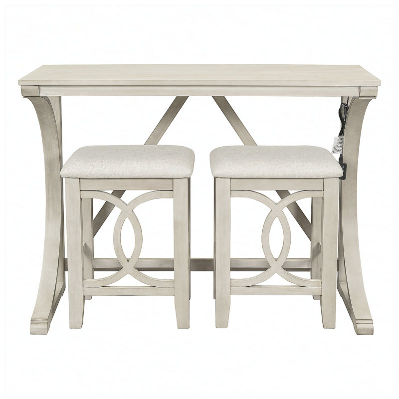 Farmhouse 3-Piece Counter Height Dining Set with USB Port and Upholstered Stools, Milky White Finish, White