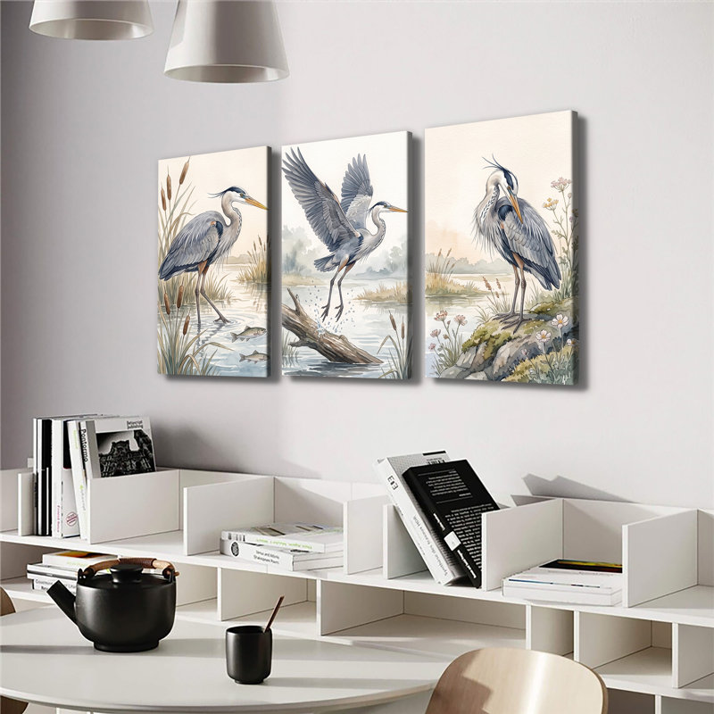 Aquarelle, grand héron bleu, zone humide, ensemble de 3 impressions sur toile, 28 * 40 pouces * 3