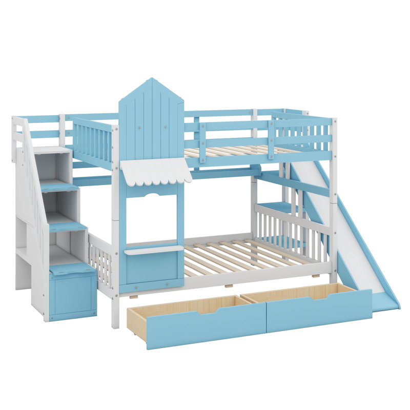 Castle Design Bunk Bed With 2 Drawers, 3 Shelves And Slide, Blue, Full over Full