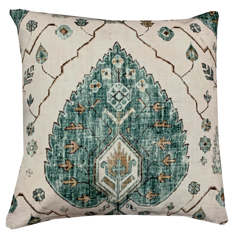 Coussin décoratif en coton damassé 20 po, Vert / crème clair