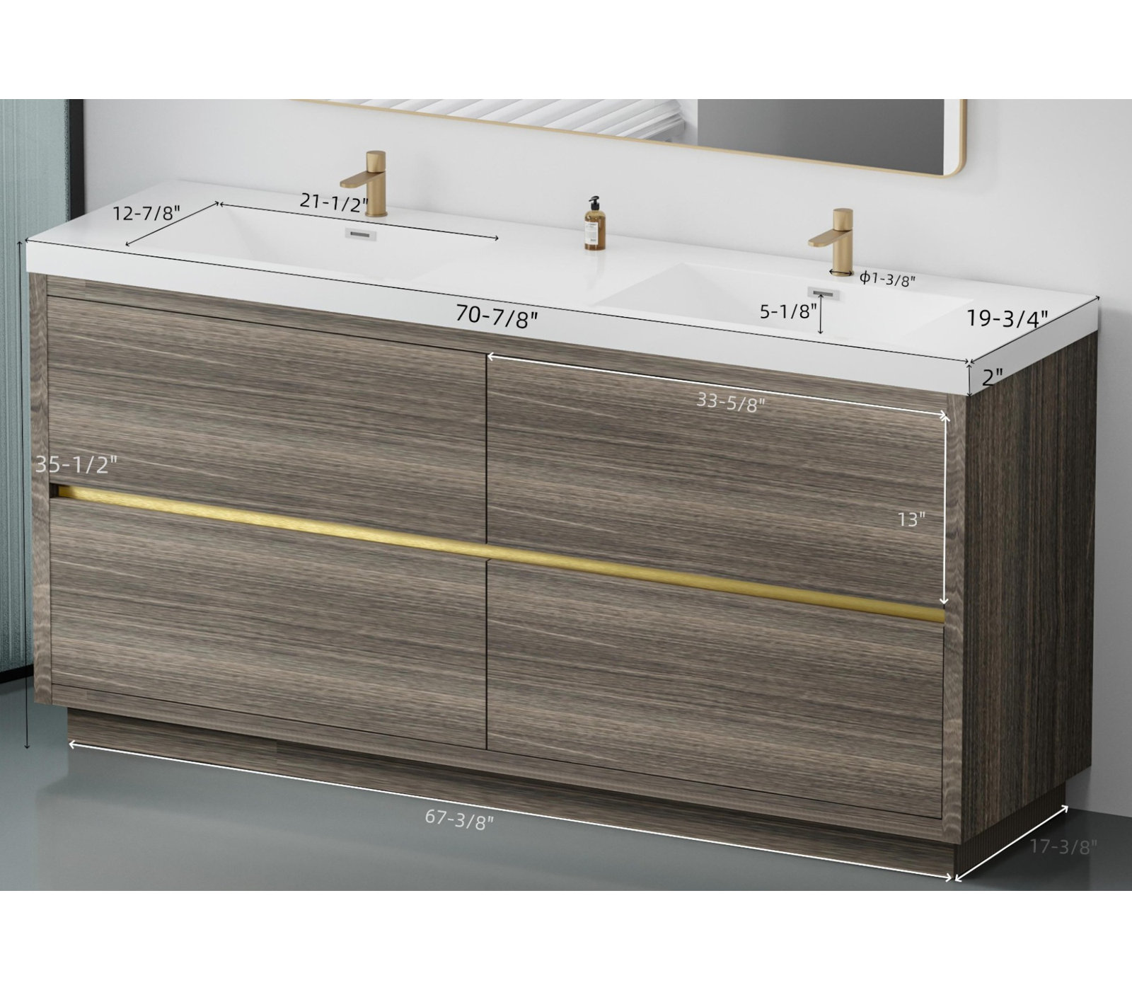Beira 71" Double Bathroom Vanity, Ash Gray