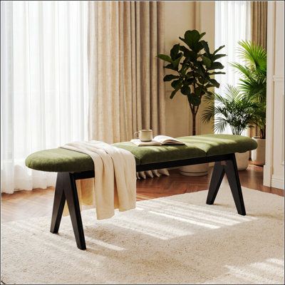 Banc rembourré avec pieds en bois noir, siège en tissu vert, fabrication en bois massif et manufacturé, capacité de 250 lb, banc d'entrée 53 po pour le salon et la chambre à coucher