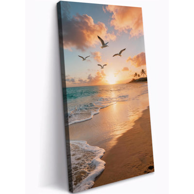 Vertical Coastal Sunset Canvas Wall Art for Living Room, Vertical Tall Beach Scene Painting, Seaside View Picture Canvas Prints Wall Decor Ready to Hang 12×24 Inch