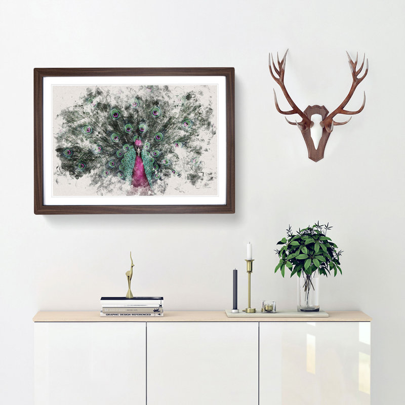 Mesmerising Pink and Green Peacock - Framed Print, Walnut Framed, 62cm H x 87cm W x 2cm D
