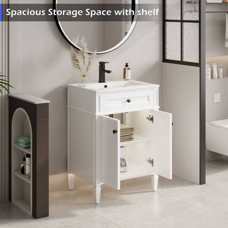  Meuble-lavabo moderne autoportant de 24 po de style Mid-Century avec lavabo en céramique, robinet et peinture écologique respectueuse de la main