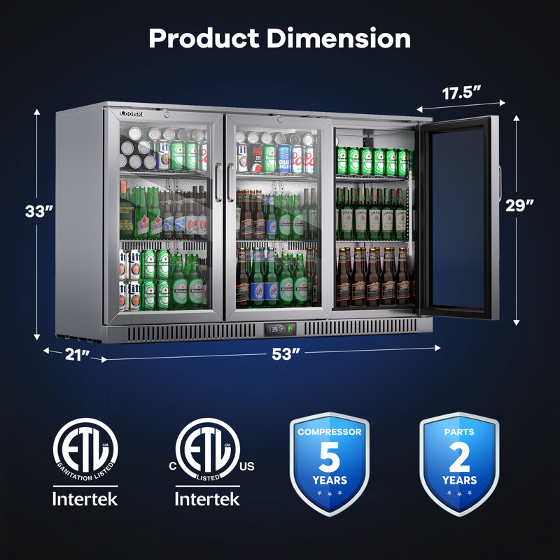 Coolski Beverage Refrigerator With 3 Doors, Commercial Back Bar Cooler For Beer Soda Wine, Counter Height Undercounter Display Fridge For Bar/home, Stainless Steel/led Lighting/etl Nsf Approved