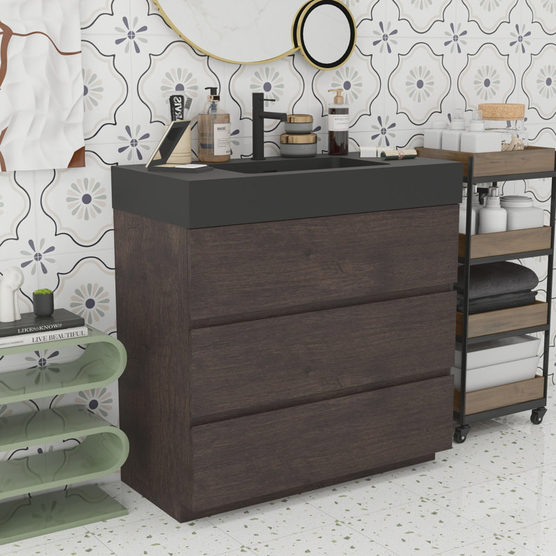 Grand meuble-lavabo moderne pour salle de bain, Noyer, Noir, noir, noir, noir