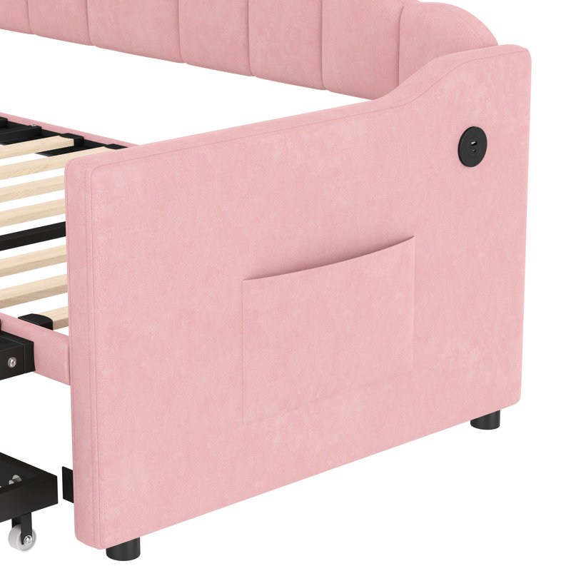 Lit de jour simple de taille rose avec lit gigogne ajustable, station de charge intégrée et poches latérales pour magazines rembourrés avec dispositif de retrait et de type C, livres