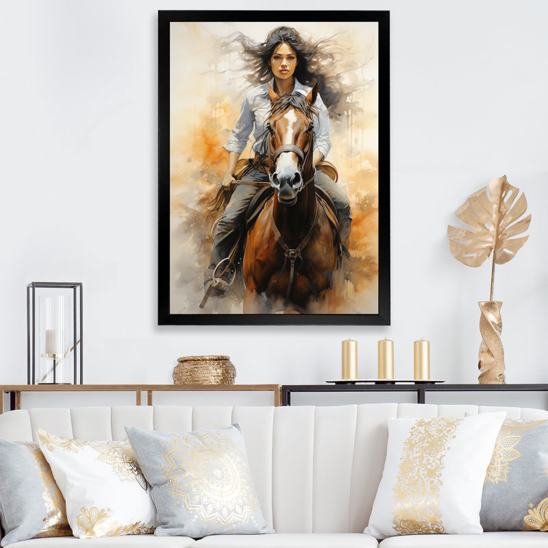 Asadullah Cowgirl Riding With Grace sur impression sur toile, H 40 po x l 30 po x P 1,5 po, Cadre photo noir