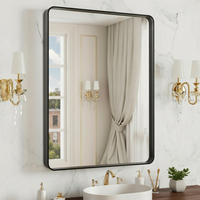 Miroir de salle de bain matte en métal noir, grand rectangle arrondi de 20 po x 16 po, de style campagnard, résistant à la rouille, supportant une fixation murale horizontale / verticale, convient aux décors.