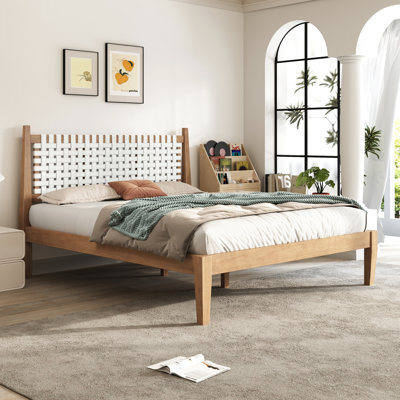 Bohemian - Inspired Queen Size Bed With Woven Leather Back, Natural Wood, Finish And Pine Frame, Weight Balanced Slats