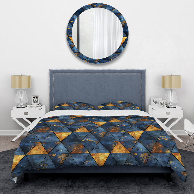 Ensemble de housse de couette moderne Blue Gold Modern Glam Triangles II, Housse de couette pour grand lit et 2 taies décor