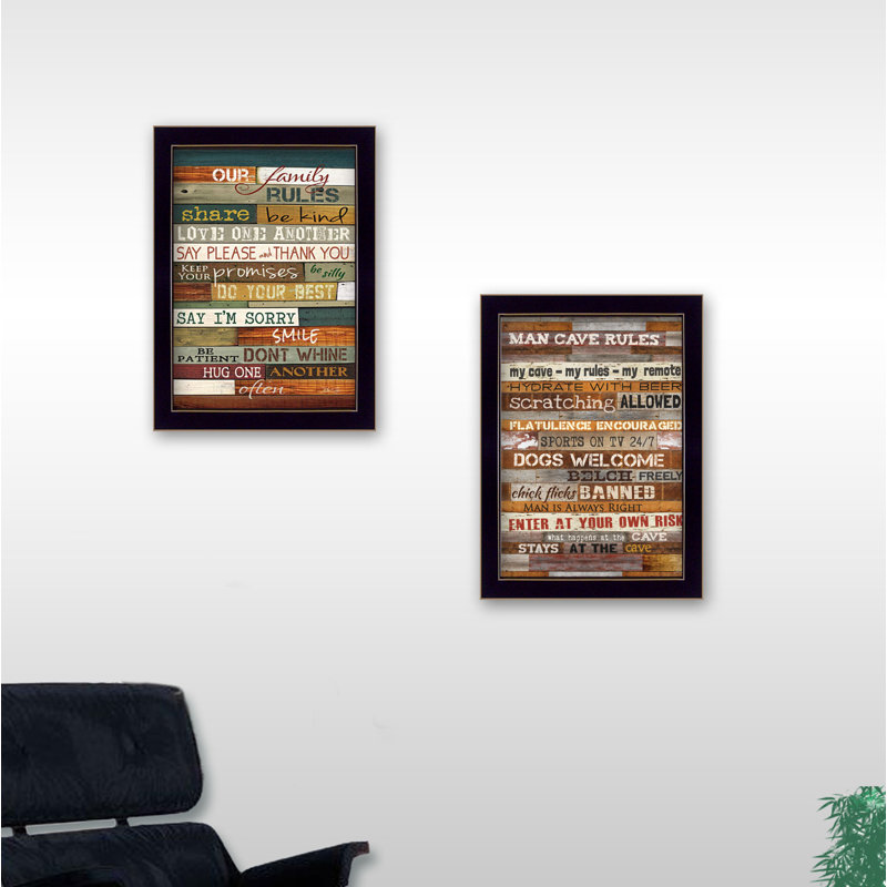 Family and Man Cave Rules par Ansel Adams - ensemble de 2 reproductions d'art graphique encadrées, Cadre noir