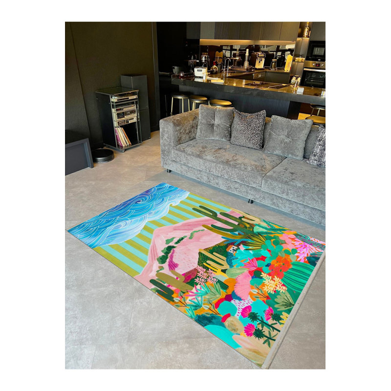 Multicolor Sky Mountain Cactus Creative Modern Decorative Rug, Runner 3'3" x 6'7" Rug Pad Included