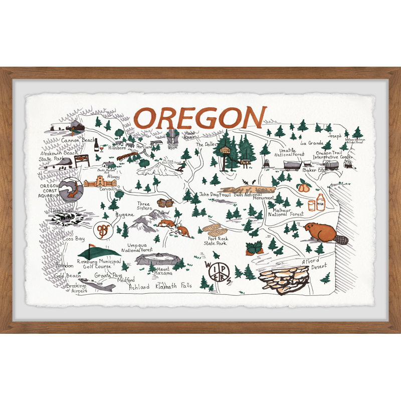 «Illustrated Map Of Oregon State», reproduction d'art sur papier, H 8 po x l 12 po x P 1,5 po