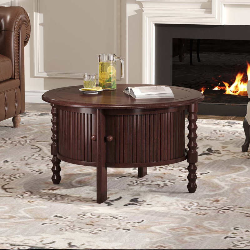 Vintage Round Coffee Table with Practical Storage for Various Spaces, Walnut