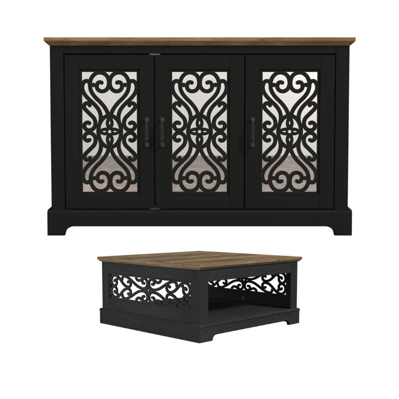 Pablo Traditional 2 Piece Sideboard And Coffee Table Living Room Set, Knotty Oak, Black